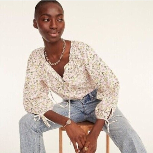 J Crew $98 Tie-Sleeve Button-Front Cotton Poplin Top in Meadow Floral Si… - Picture 1 of 12